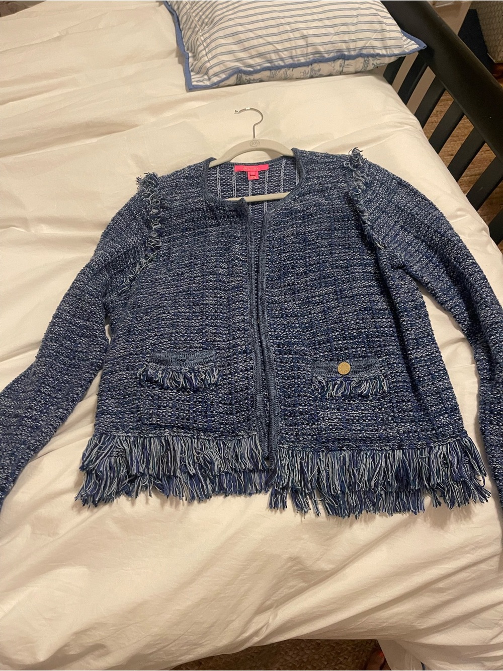Lilly Pulitzer Blue Tweed Fringe Blazer